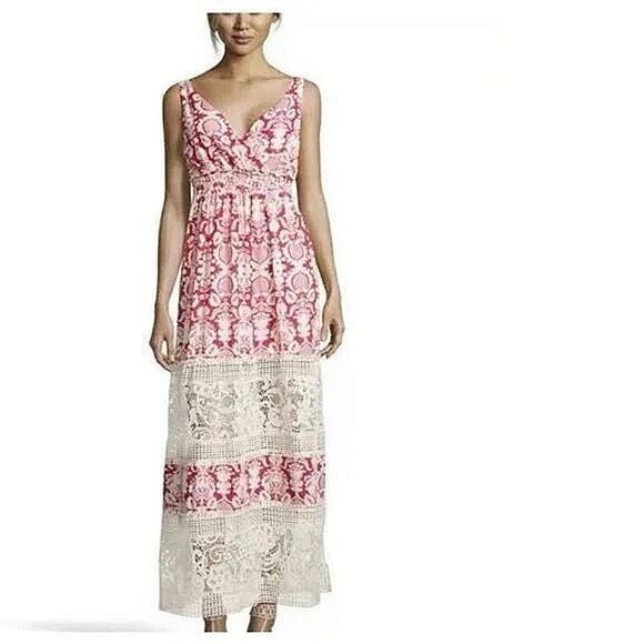 Anthropologie Sunday in Brooklyn Red White Damask Crochet Lace Maxi Dress Sz XS - Picture 4 of 8
